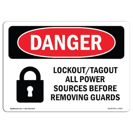OSHA Danger Sign, Lockout Tagout All Power Sources, 10in X 7in Decal